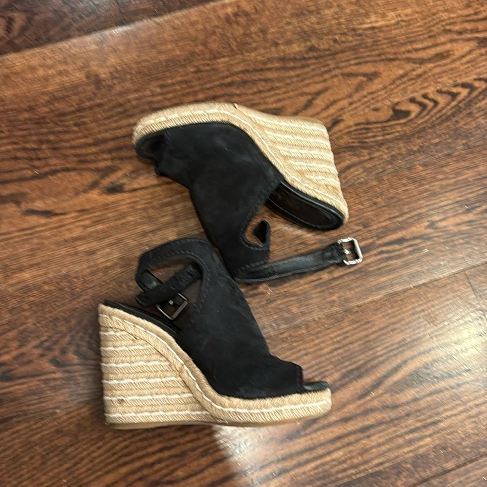 Prada Black Suede Peep-Toe Espadrille Wedge Sandals - Picture 2 of 4